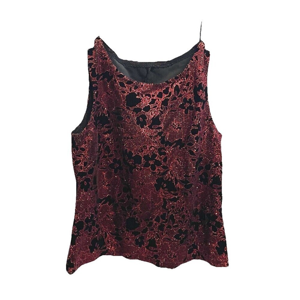 John Roberts Top Red Black Floral 10P Sparkle Glitter Whimsygoth Romantic Velvet